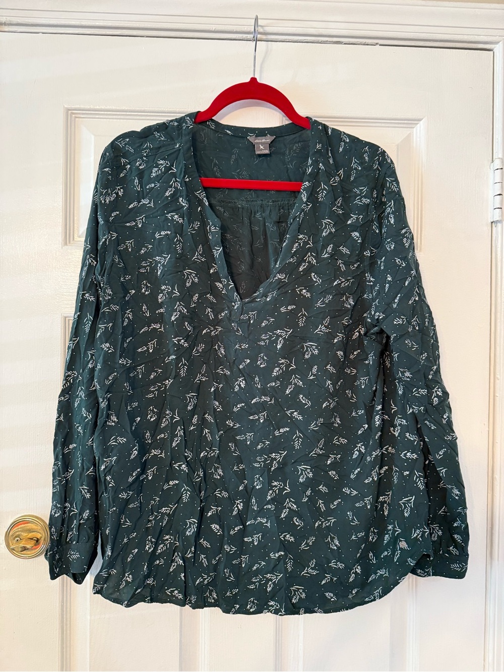 Eddie Bauer Dark Green V-Neck Floral Blouse